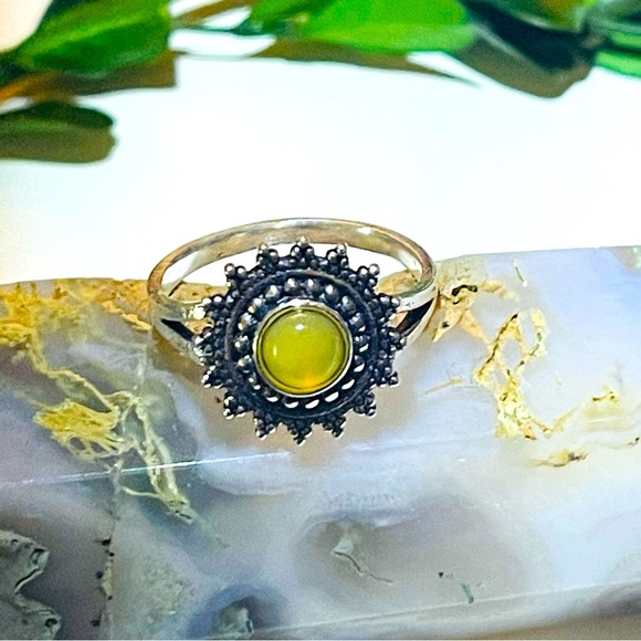 New RARE Cats Eye Chrysoberyl Yellow Green Artisan Sun 925 Sterling Silver Ring - Picture 3 of 17